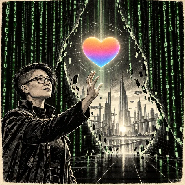 Illustration of a builder parting a curtain of code onto a lit city