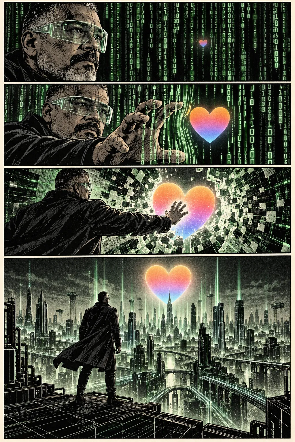 Illustration of a heart pulled out of the code and carried over a city